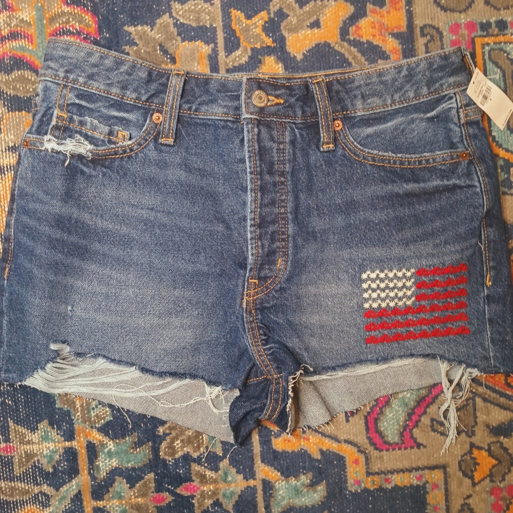 Old Navy O.G High Rise Straight Raw Hem Denim Shorts with Flag Embroidery